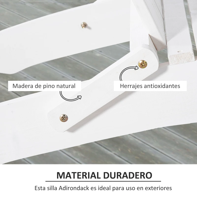 Outsunny Silla Adirondack de Madera Plegable Silla de Jardín con Reposabrazos y Respaldo Alto para Terraza Balcón Exterior Carga Max. 113 kg 73x88x93 cm Blanco