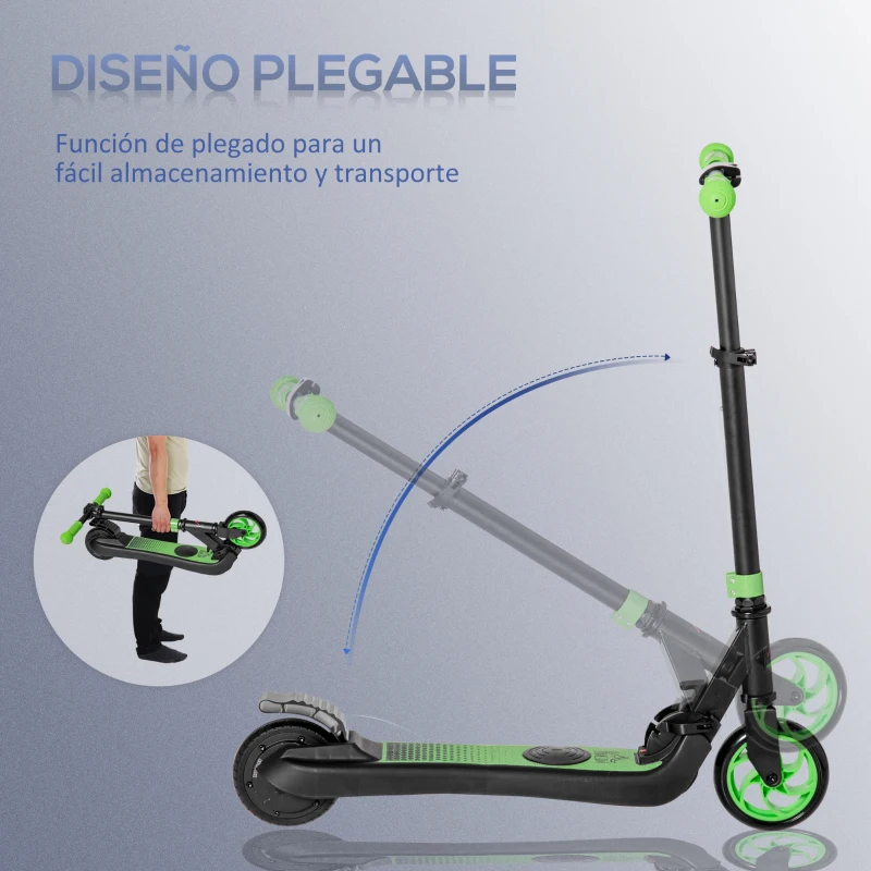 HOMCOM Patinete Eléctrico para Niños de +6 Años Scooter Eléctrico Plegable con Altura Ajustable Batería 24V Velocidad Máxima 8 km/h Carga 50 kg 71x36,5x75-80 cm Verde