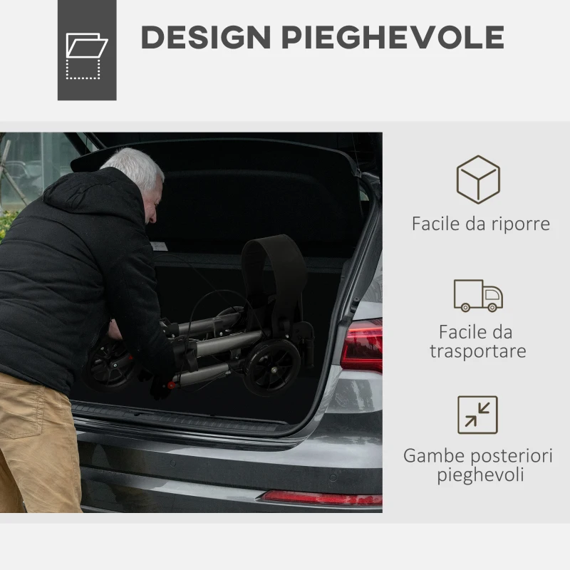 HOMCOM Deambulatore Pieghevole in Allumino ad Altezza Regolabile con Borsa, 64x67x80-92 cm, Nero e Argento