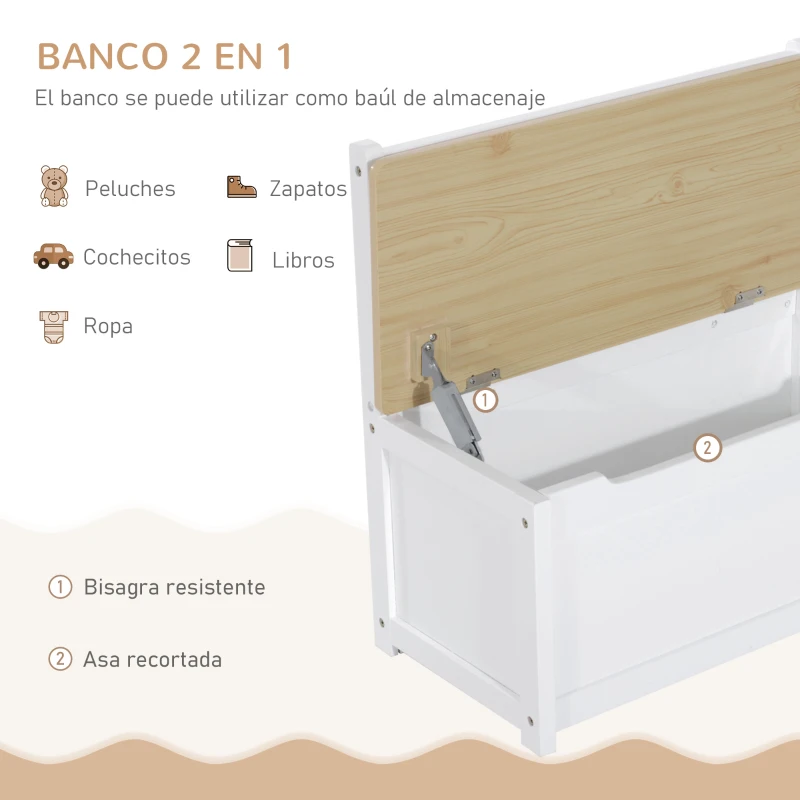 HOMCOM Mesa y Sillas Infantiles de 4 Piezas Mesa Infantil con 2 Sillas y Banco con Almacenaje Juego de Muebles para Actividades para Niños de +3 Años para Dormitorio Sala de Juegos Blanco y Natural
