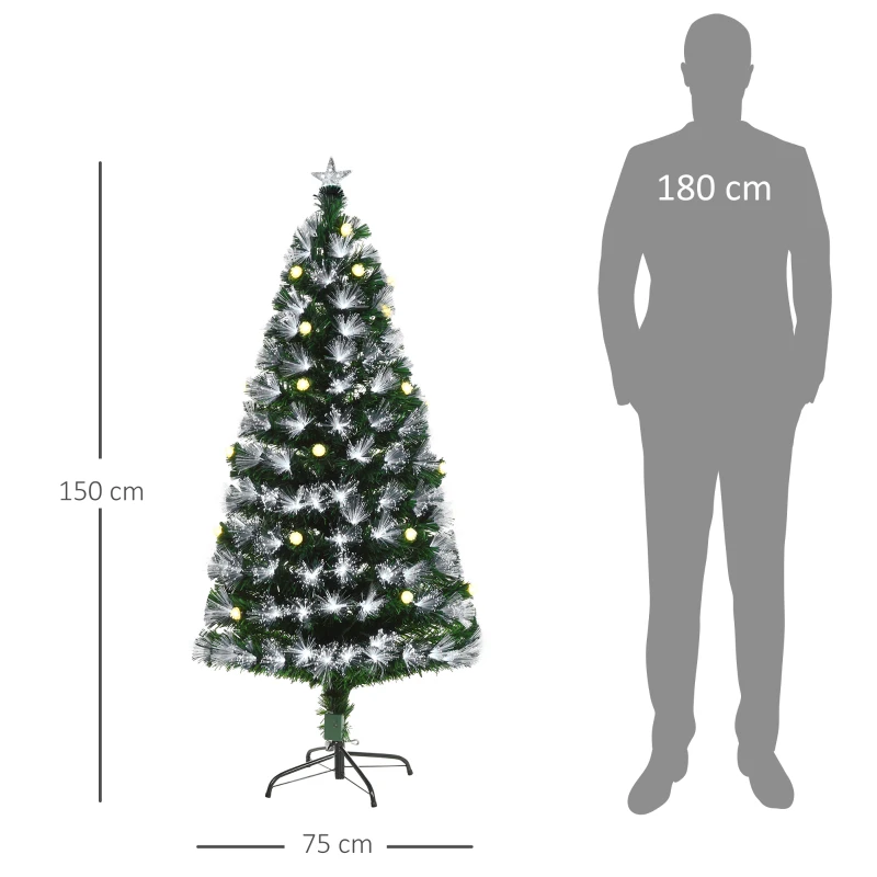 HOMCOM Albero di Natale Artificiale 150cm con Luci Incorporate e 180 Rami, Albero di Natale con Luci a LED e Fibre Ottiche, Base Pieghevole Rimovibile