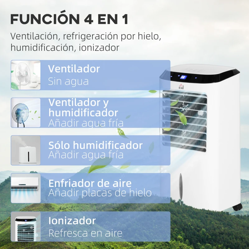 HOMCOM Climatizador Evaporativo Enfriador de Aire Portátil 10L Humidificador Ventilador 60W Pantalla LED 38,2x31,6x76 cm Blanco