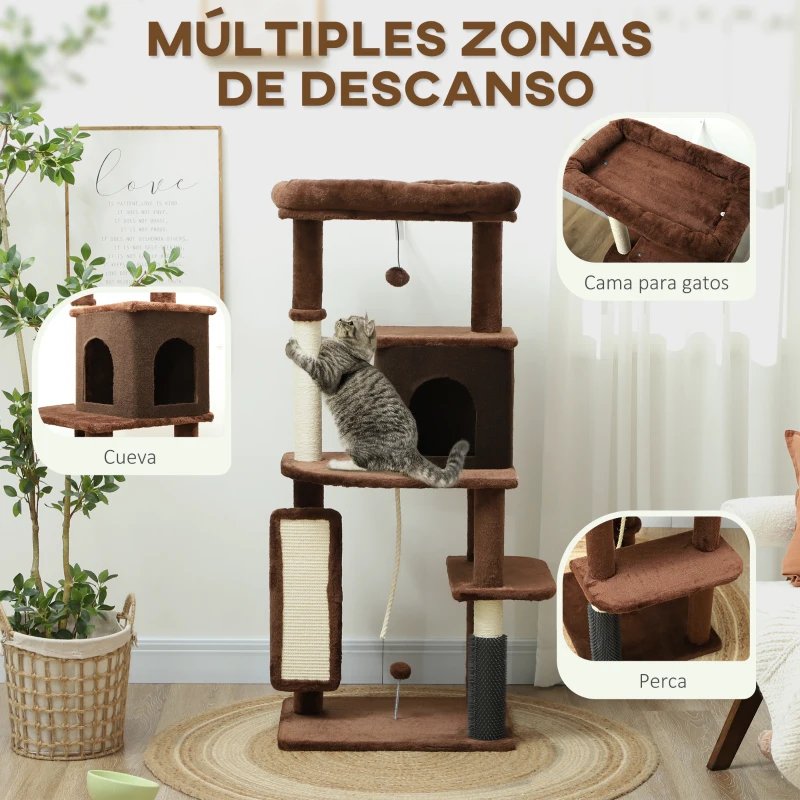 PawHut Árbol Rascador para Gatos 132 cm con Plataformas Poste con Cepillo Bolas Colgantes y Almohadilla para Rascar Marrón
