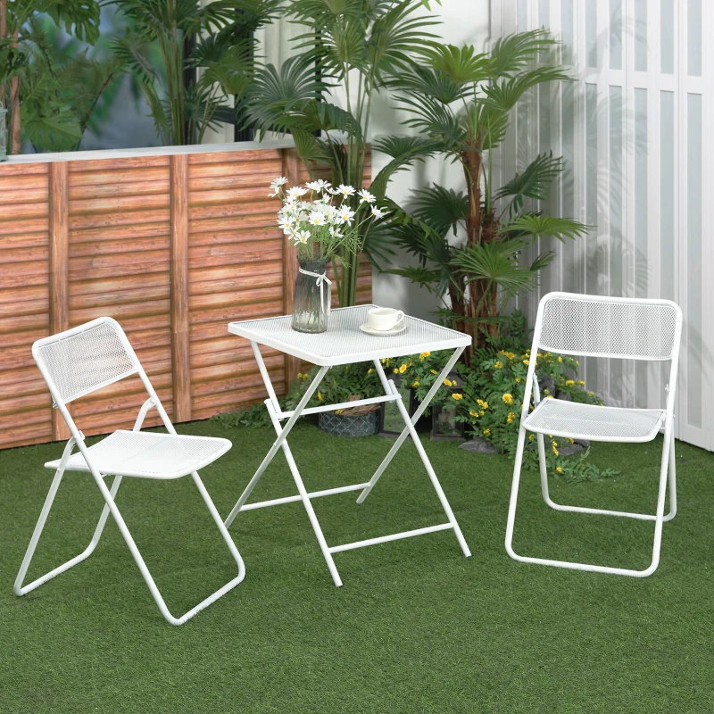 Outsunny Garten Bistro-Set für 2 Personen Gartenset Garnitur 1 Tisch+2 faltbare Stühle für Terrasse Balkon Metall Weiß