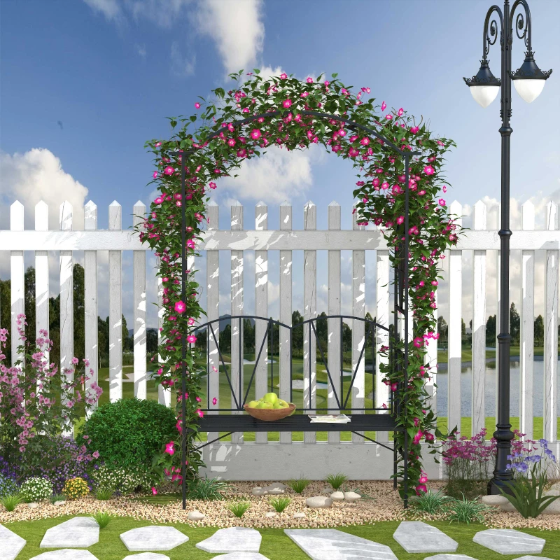 Outsunny Arche de jardin avec banc 2 places arche à rosiers pour plantes grimpantes fleurs - décorer jardin mariage cérémonie
