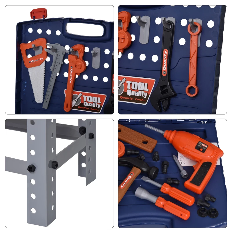 HOMCOM Banco de Herramientas para Niños +3 Años con 68 Piezas Desmontable Portátil Juego de Imitación con Maletín de Herramientas Taladro Martillo 40x43x72 cm Azul y Gris