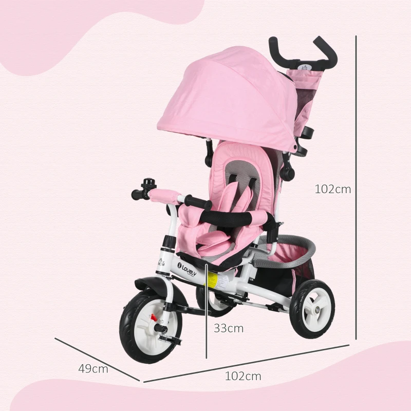 HOMCOM Triciclo per Bambini 1-5 Anni con Maniglione e Tettuccio Regolabile, 102x49x102 cm, Bianco e Rosa