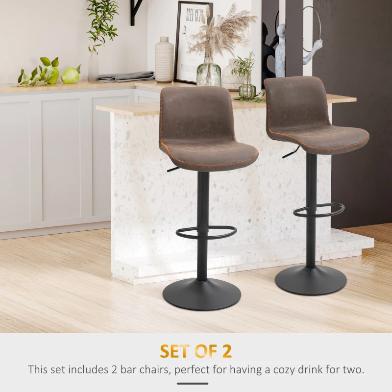 HOMCOM Bar Stools Set of 2, PU Leather Barstools with Backrest and Footrest for Kitchen, Counter, Breakfast Bar, Brown