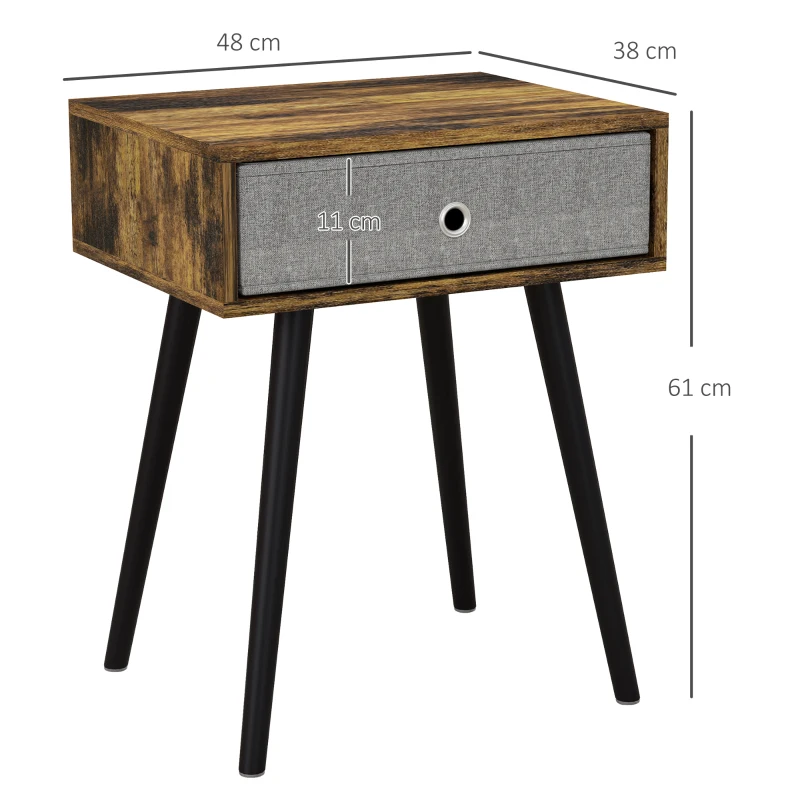 HOMCOM Bedside Table, Industrial Nightstand, Tall End Table with Removable Fabric Drawer, Retro Chic Side Table Accent Furniture with Wooden Legs, Rustic Brown