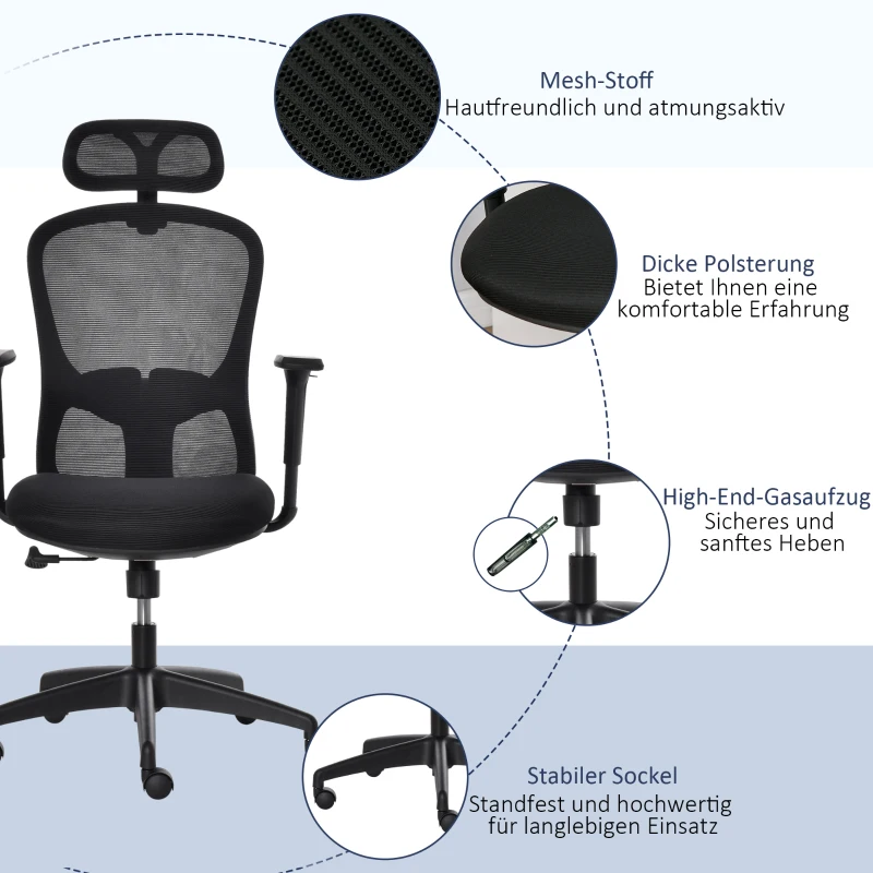 Vinsetto Bürostuhl mit Wippenfunktion Kopflehne Home-Office-Stuhl höhenverstellbarer Schreibtischstuhl ergonomisch 360°-Drehräder Schaumstoff Nylon Schwarz 64 x 64 x 100-109,5 cm