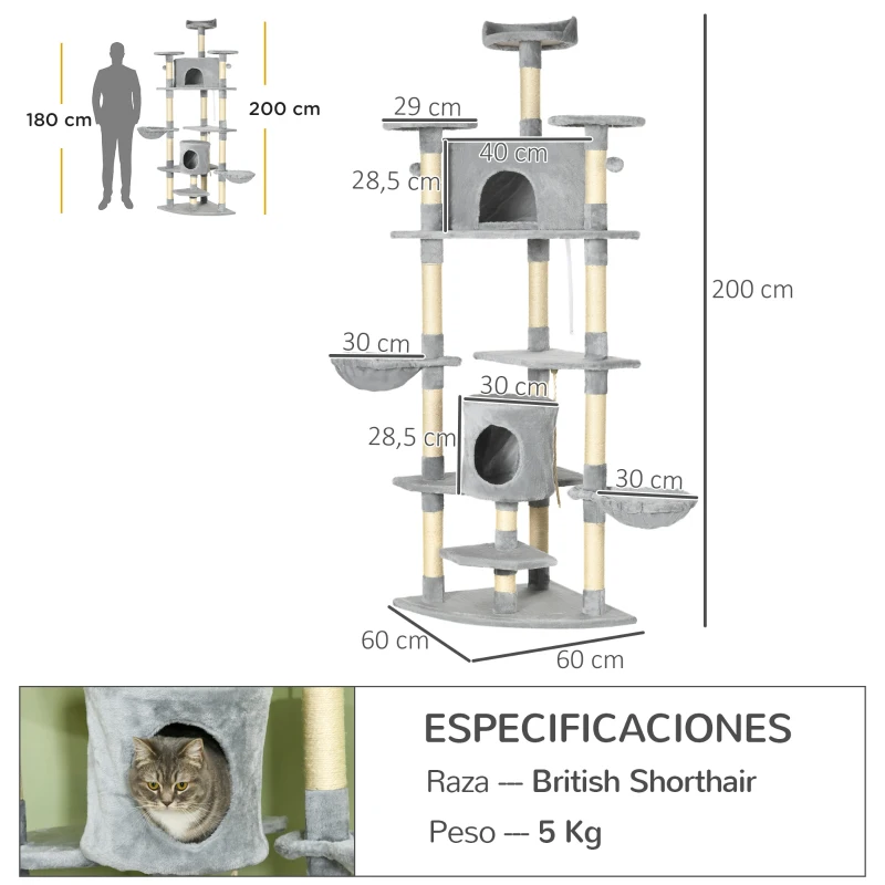 PawHut Árbol Rascador para Gatos 200 cm Torre para Gatos con 2 Cuevas 2 Hamacas Cama Postes de Sisal 60x60x200 cm Gris