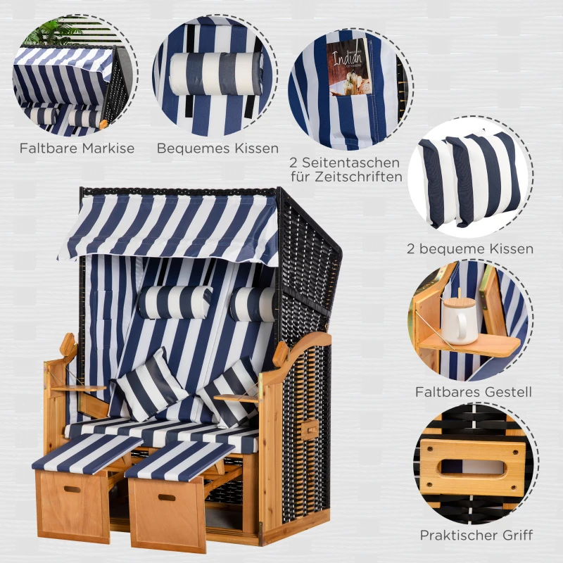 Outsunny Strandkorb, doppelte Sonnenliege mit Dach, inkl. 1Klapptisch, Blau