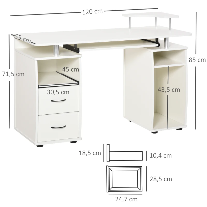 HOMCOM Computertisch Schreibtisch Bürotisch PC Tisch Arbeitstisch Home Office reichlich Stauraum 2 Schubladen Druckregal Weiß 120 x 55 x 85 cm
