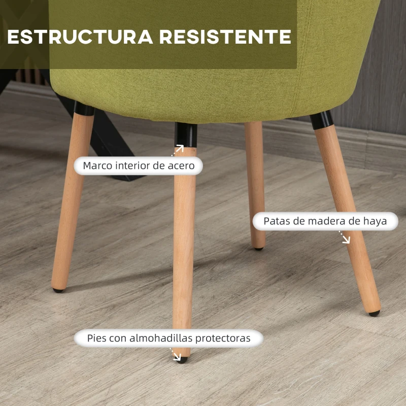 HOMCOM Silla de Comedor Tapizada en Lino Sintético Transpirable con Asiento Acolchado y Patas de Madera 57x56x72cm Verde