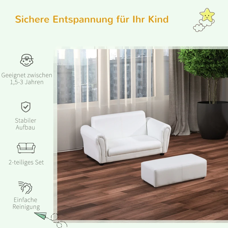 HOMCOM Kindersessel mit Fußhocker, Kindercouch mit Hocker, Kindersofa, Sofa Sessel, Weiß
