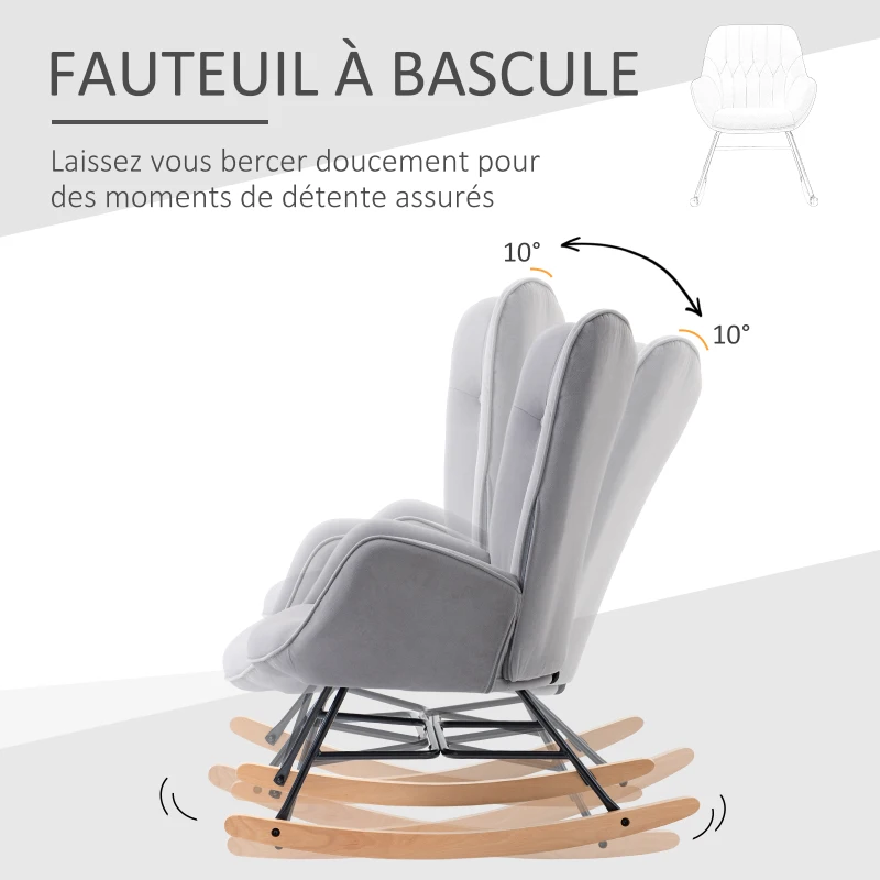 HOMCOM Fauteuil à Bascule, Rocking Chair, fauteuil allaitement confortable avec Structure en bois massif et métal pour Salon, Chambre, Balcon, Velours Gris clair