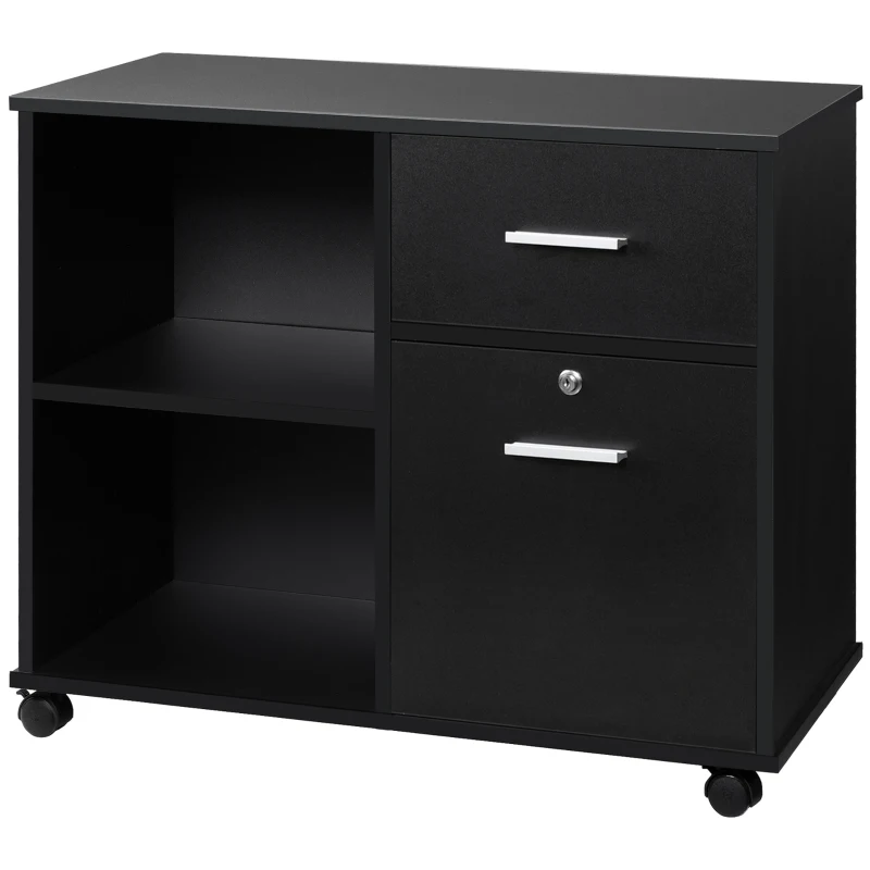 Vinsetto Filing Cabinet with Wheels, Mobile Printer Stand with Open Shelves and Lockable Drawer for A4 Size Documents, Black