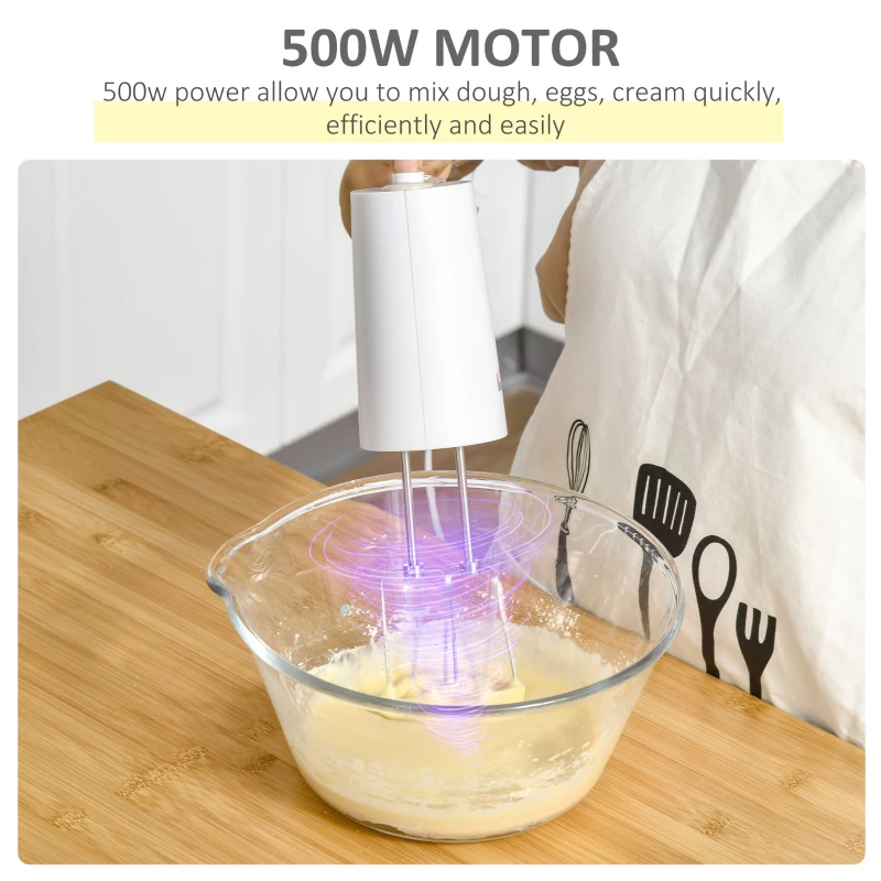 HOMCOM 5-In-1 Hand Mixer 500W Electric Whisk Five Speed w/ Stainless Steel Dough Hook Beater Blender Chopper for Kitchen Baking - White