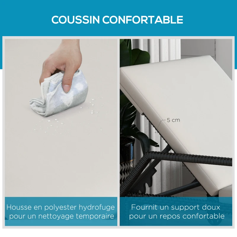 Outsunny Bain de soleil transat grand confort : matelas, inclinaison réglable multipositions, roulettes résine tressée crème