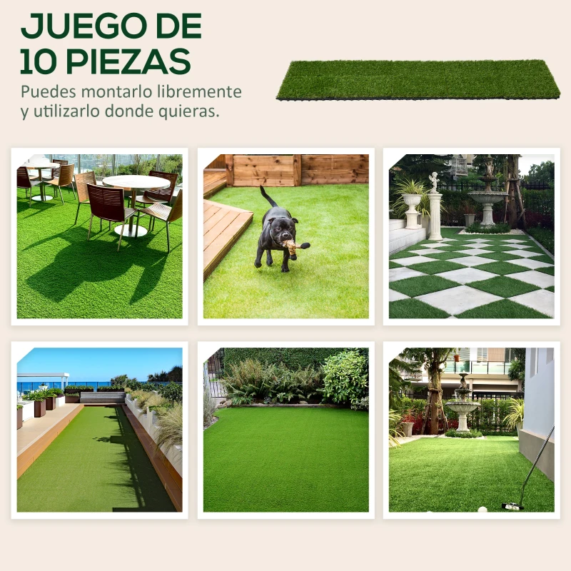Outsunny Césped Sintético de 10 Piezas Alfombra Césped Artificial 30x30 cm con Altura de Hierba 25 mm y Anti-UV Verde Oscuro