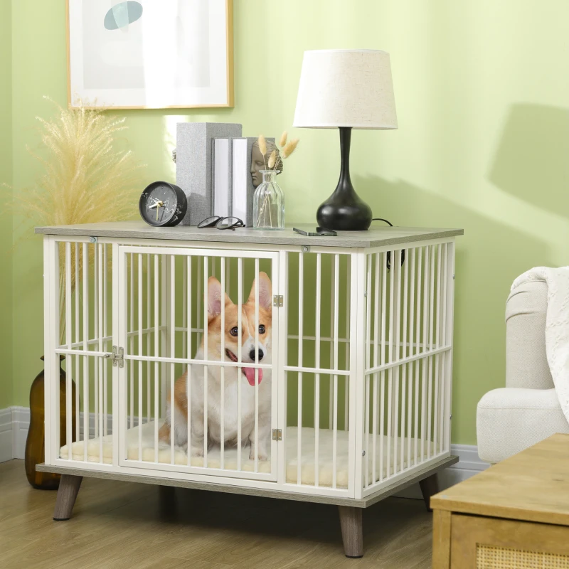 PawHut Dog Crate Furniture, Indoor Pet Kennel Cage, Top End Table w/ Soft Cushion, Lockable Door, for Small Dogs, 86 x 60 x 70 cm - Grey