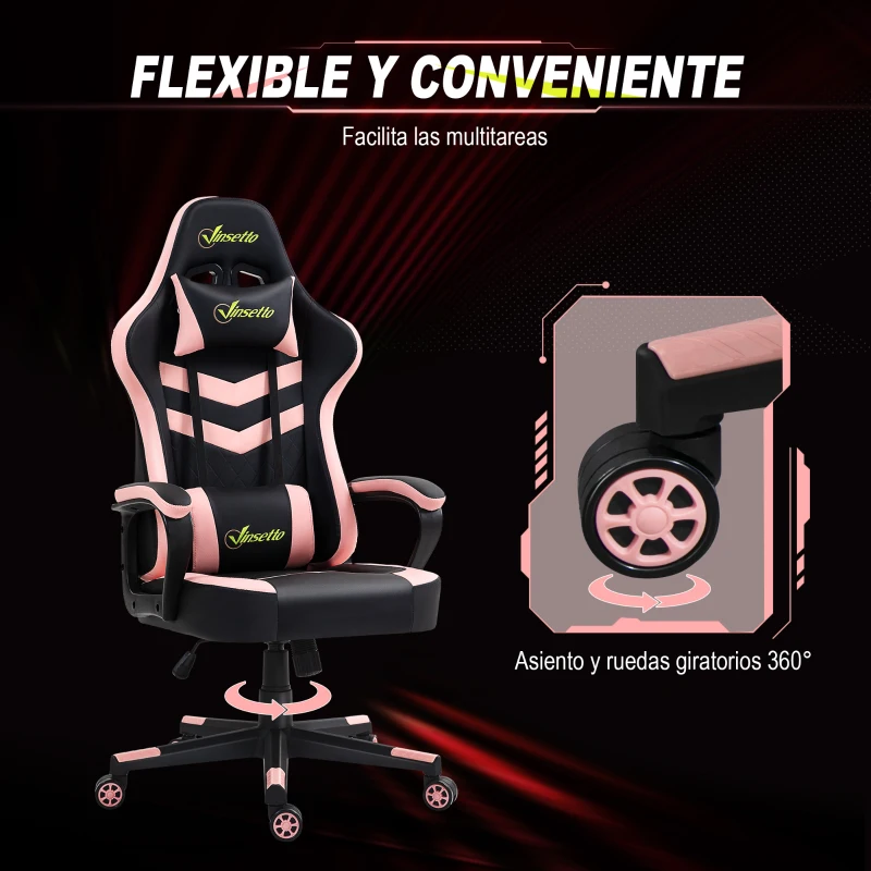Vinsetto Silla Gaming Altura Regulable Basculante con Reposacabezas Cojín Lumbar 61x70x121-129 cm Rosa