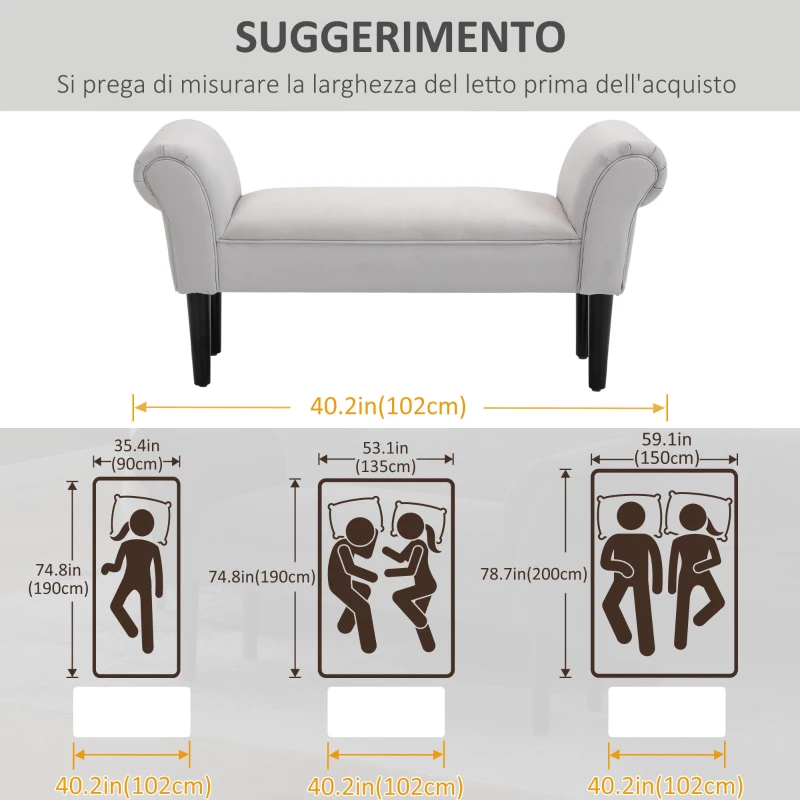 HOMCOM Panca Fondo Letto con Braccioli Arrotolati, Panca Imbottita per Camera da Letto, Grigio, 102x36x51cm
