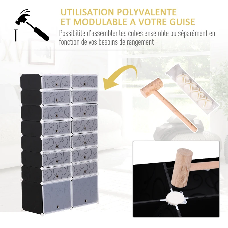 HOMCOM Armoire à Chaussures Modulable Range Chaussures L 95 x l 37 x H 160 cm 14 Cubes rectangulaires et 2 Grands Cubes Noir et Blanc en plastique