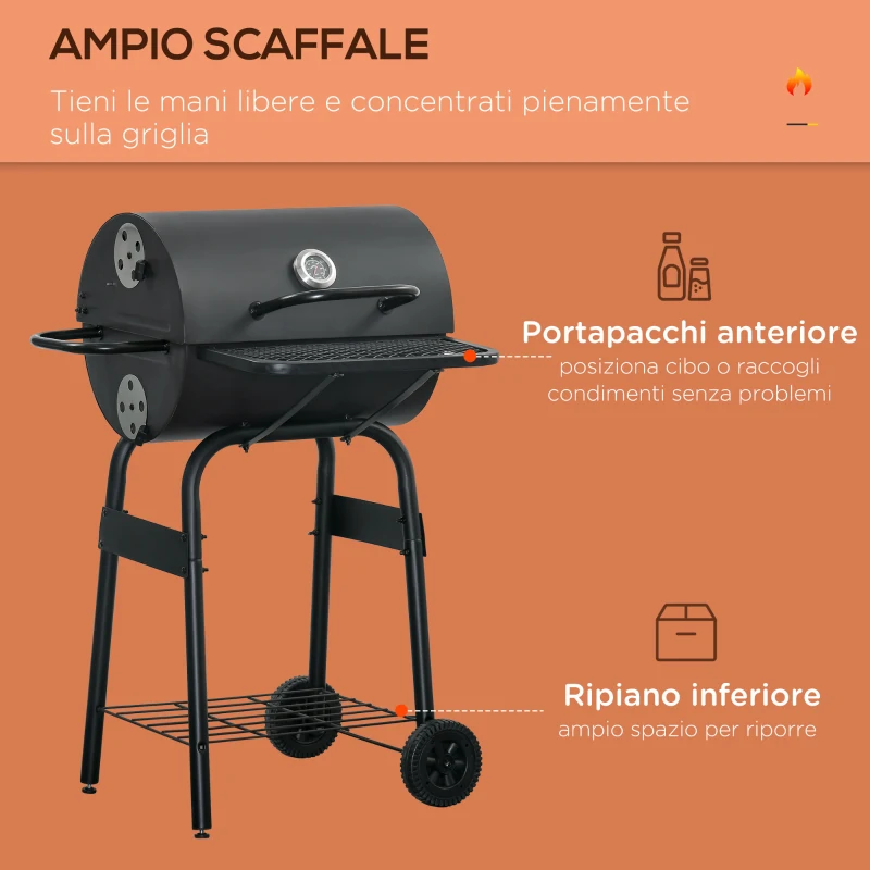 Outsunny Barbecue a Carbone con Coperchio, Termometro, Mensole e Ruote, 68x63x102 cm, Nero