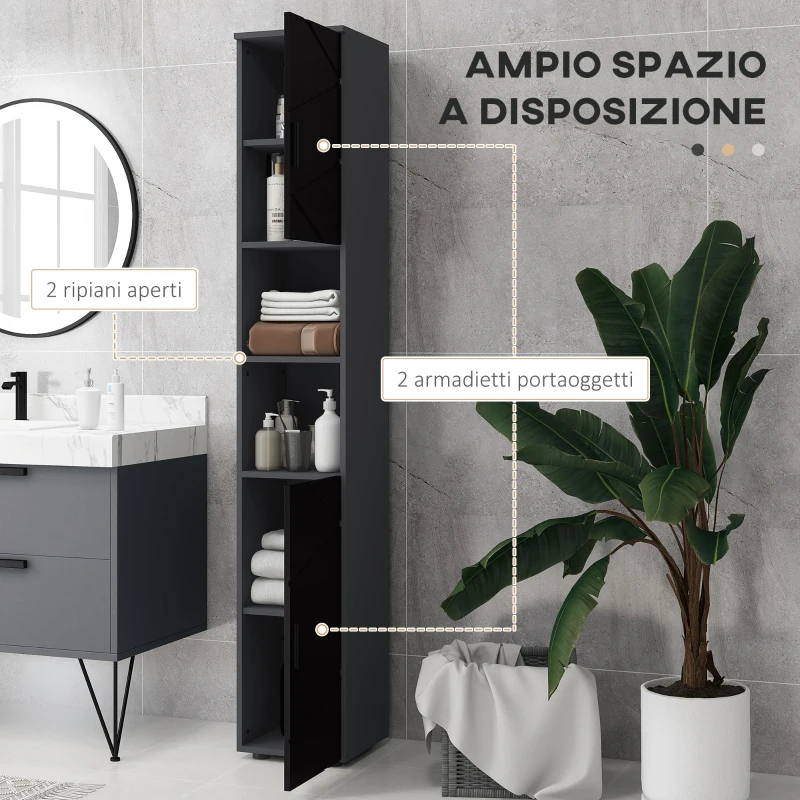 kleankin Colonna Bagno in Truciolato con 2 Ripiani Aperti e 2 Armadietti a 2 Livelli, 30x30x183 cm, Nero e Grigio