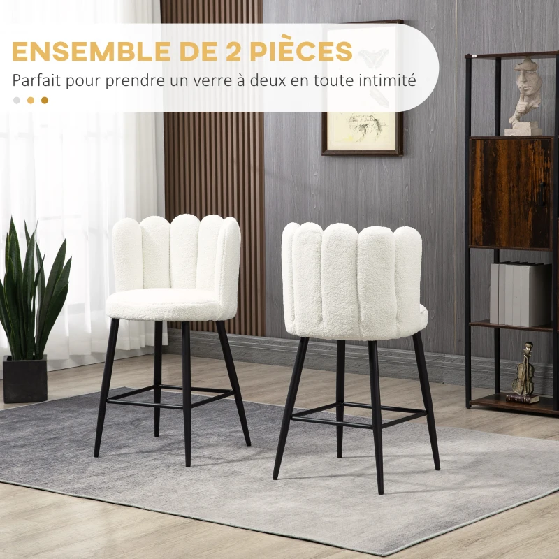 HOMCOM Lot de 2 chaises hautes tabourets de bar avec repose-pieds acier tissu effet laine bouclée hauteur 65 cm crème noir