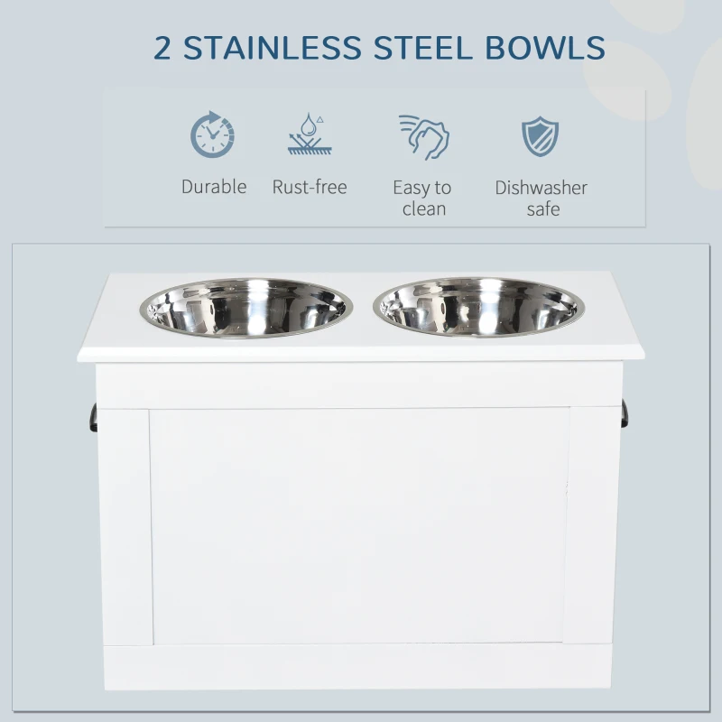 PawHut Raised Dog Bowls, with Storage, Two Stainless Steel Bowls, Elevated Base - White