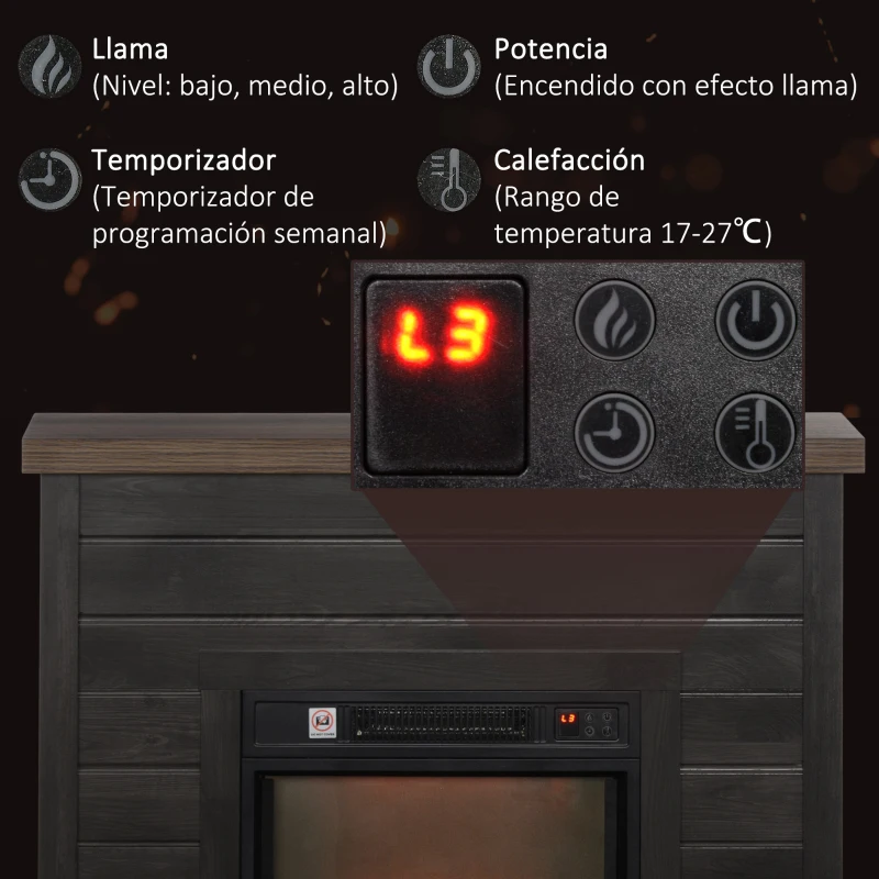 HOMCOM Chimenea Eléctrica 1800W con Efecto de Llama Mando a Distancia Temporizador Semanal para Sala 30 m² Gris Oscuro