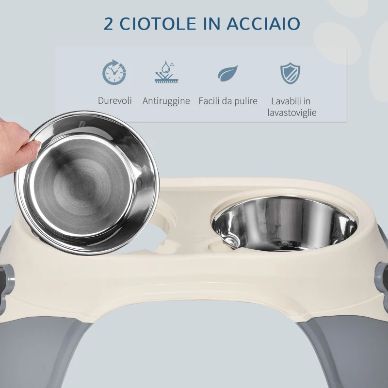 PawHut Doppia Ciotola per Cani Rialzata in Acciaio Inox e Plastica con Piedini Antiscivolo, 47x25x20cm, Bianco e Grigio