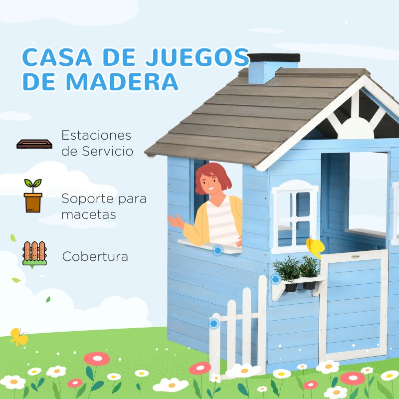 Outsunny Casita Infantil de Madera Casa de Juegos Exterior para Niños de 3-7 Años 51x112,5x142 cm Azul