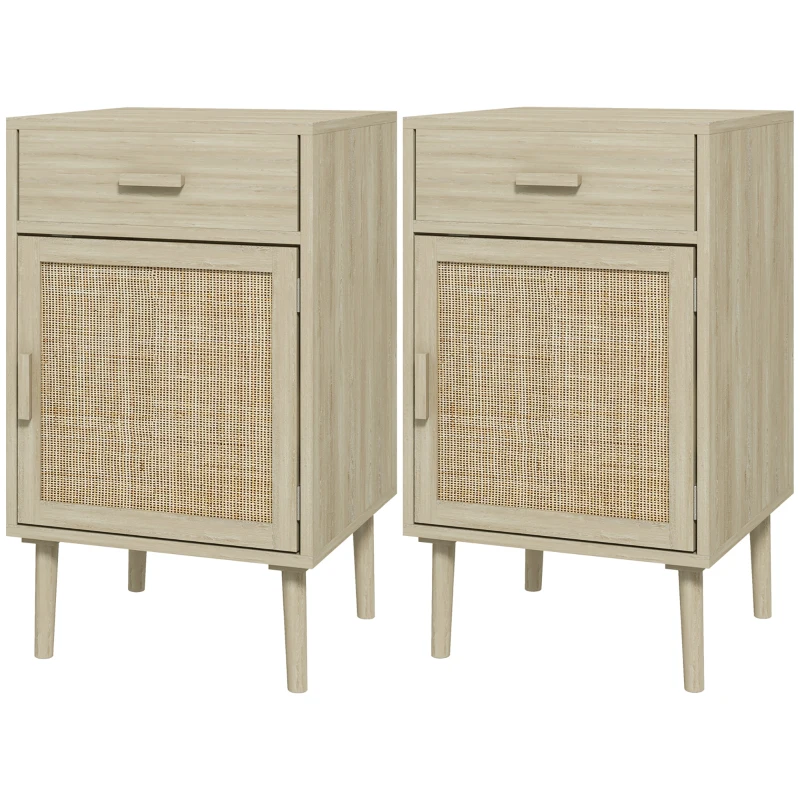 HOMCOM Set 2 Comodini per Camera da Letto con Cassetto e Anta in Rattan Stile Boho, Colore Legno