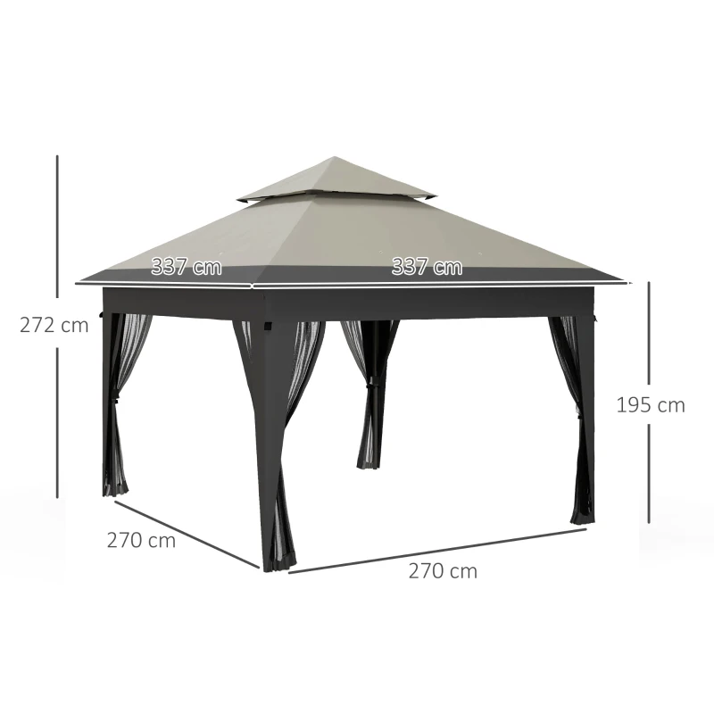 Outsunny 3 x 3(m) Pop Up Gazebo with Mosquito Netting, 1 Person Easy up Marquee Party Tent with 1-Button Push, Double Roof, Carry Bag, Sandbags, Height Adjustable Instant Shelter, Grey