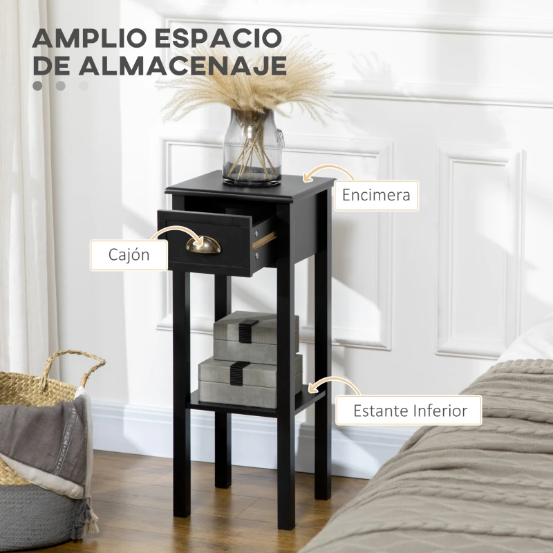 HOMCOM Mesa Auxiliar Estilo Moderno Mesita Auxiliar con Cajón y Estante de Almacenamiento 30x30x75 cm Negro