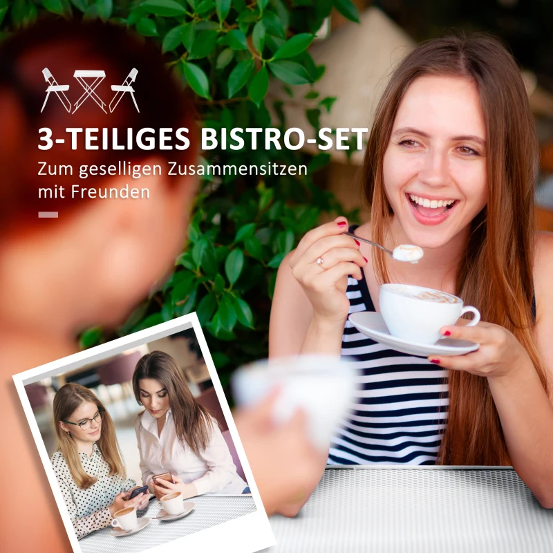 Outsunny Garten Bistro-Set für 2 Personen Gartenset Garnitur 1 Tisch+2 faltbare Stühle für Terrasse Balkon Metall Weiß