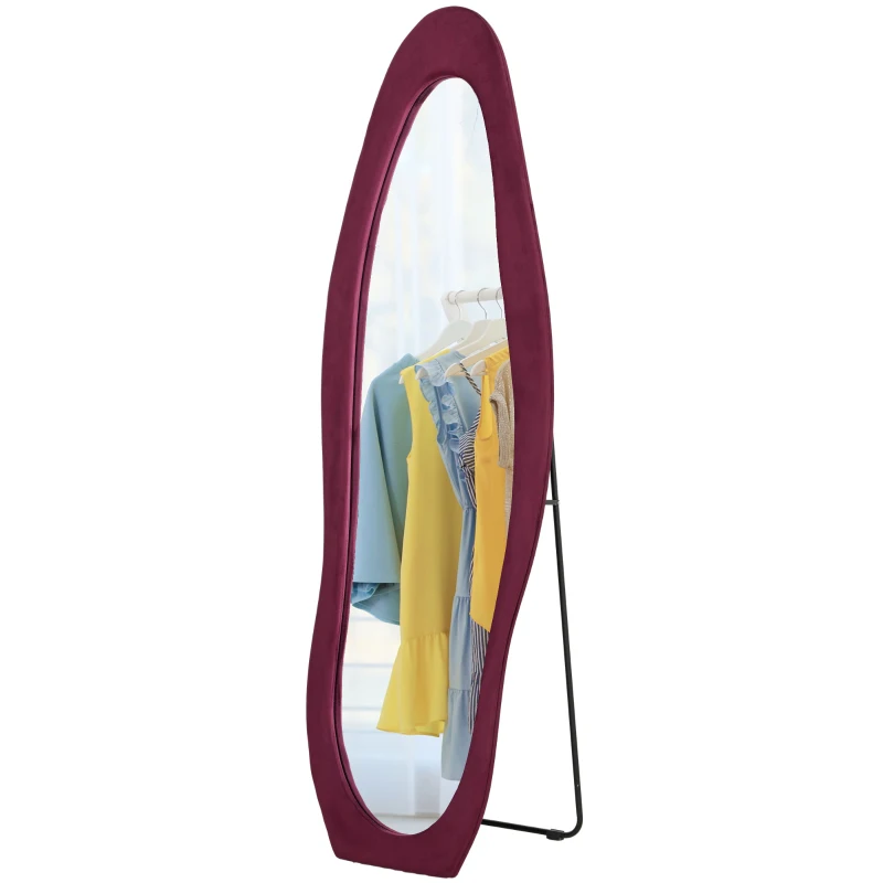 HOMCOM Wavy Velvet-Feel Full Length Mirror - Wine Red