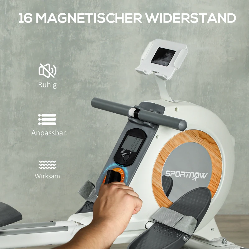 SPORTNOW Rudergerät mit 16 einstellbaren Stufen, LCD-Monitor und Handyhalter, fürs Heimtraining, 150 kg Belastbarkeit