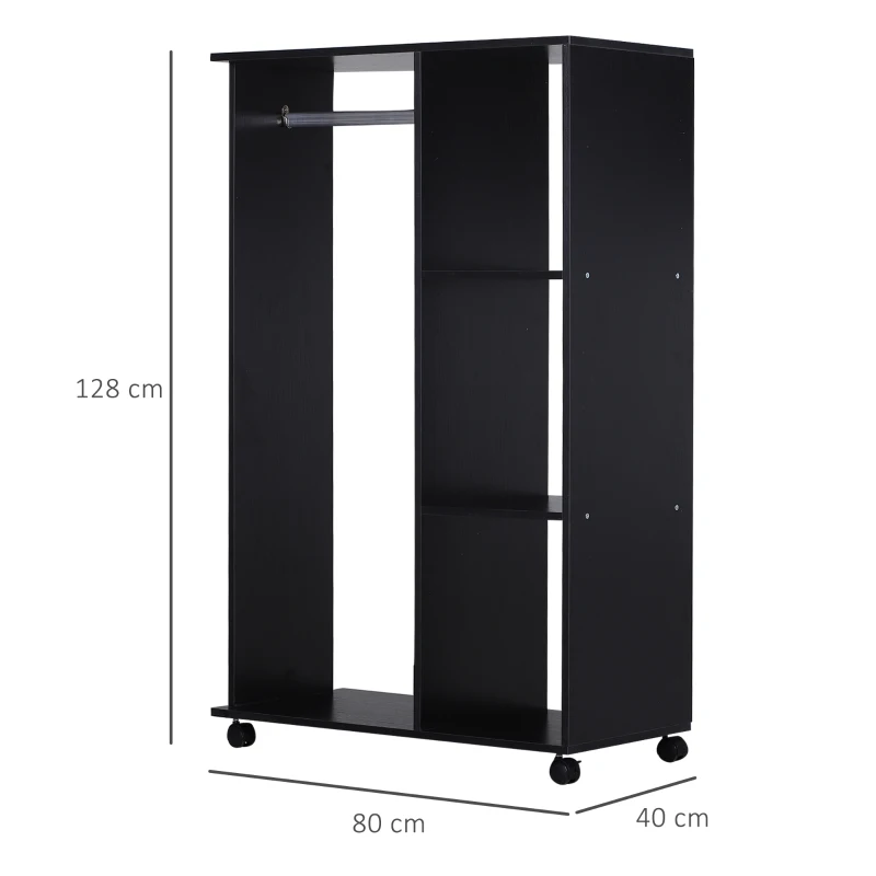 HOMCOM Kleiderschrank auf Rollen, mobile Garderobe, Garderobenschrank, Rollbarer Kleiderständer, 80 x 40 x 128 cm, Schwarz