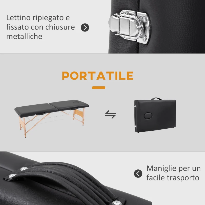 HOMCOM Lettino per Massaggio Portatile e Regolabile con Cuscino Rimovibile e Borsa, 186x60x58-81 cm, Nero