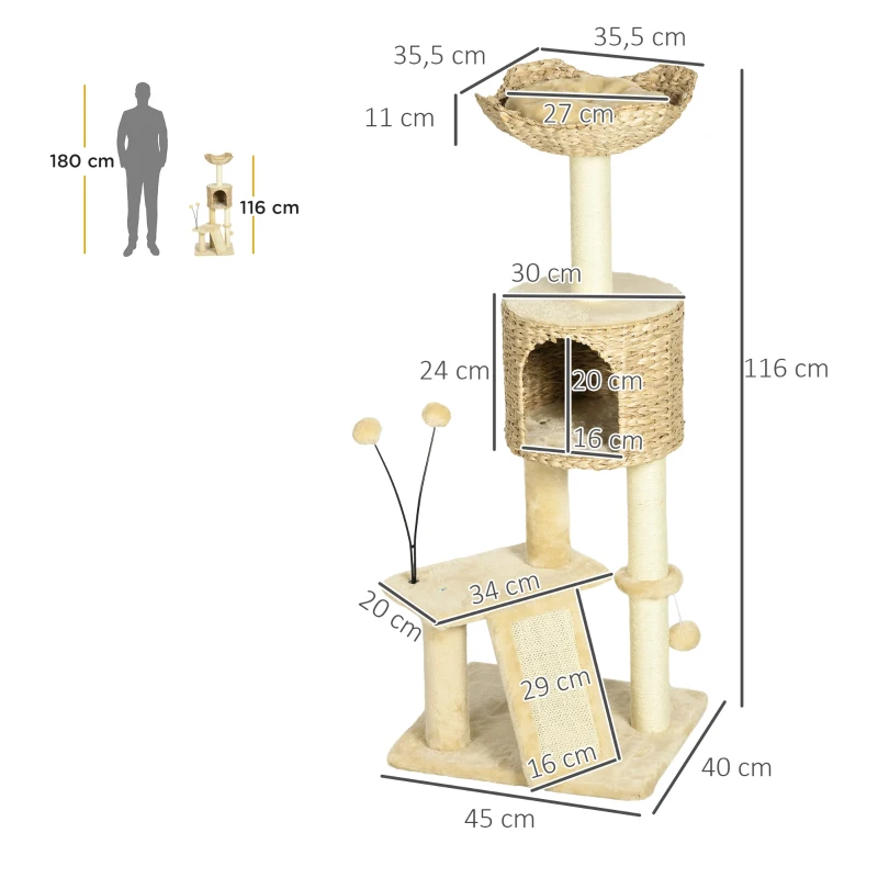 PawHut Kratzbaum mit Katzenhöhle, Liegeplattform, Spielball, 45x40x116cm, Braun/Beige(m-3)