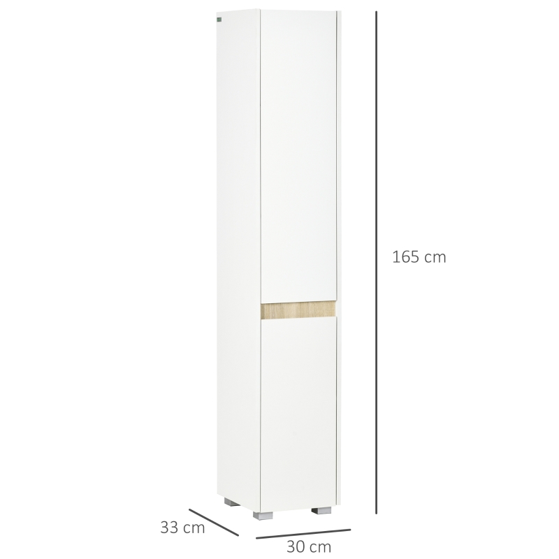 kleankin Columna de Baño  Armario Alto Auxiliar con Estantes Ajustables para Ducha Aseo Dormitorio 30x33x165 cm Blanco