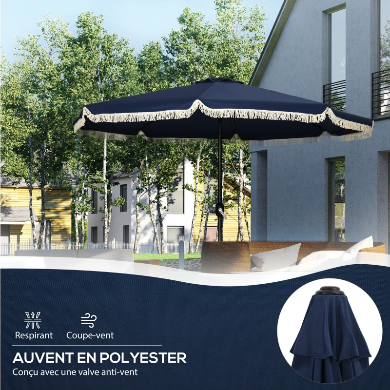 Outsunny Parasol inclinable rond Ø 268 cm avec franges polyester haute densité anti-UV mât démontable 8 baleines - bleu