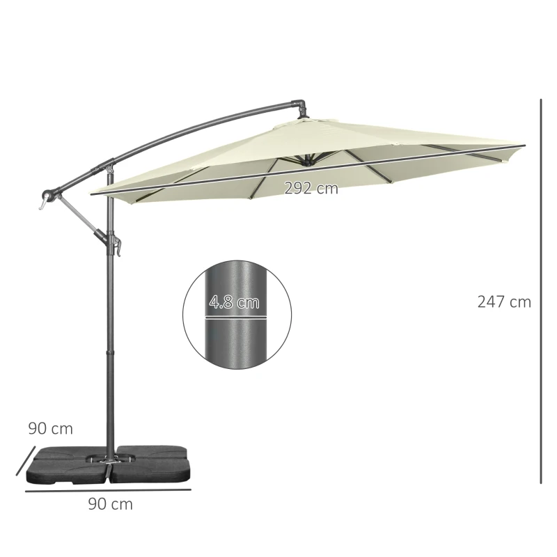 Outsunny Ombrellone Decentrato a 6 Stecche con Manovella e Base a Croce, in Metallo e Poliestere, Ø292x247 cm, Beige