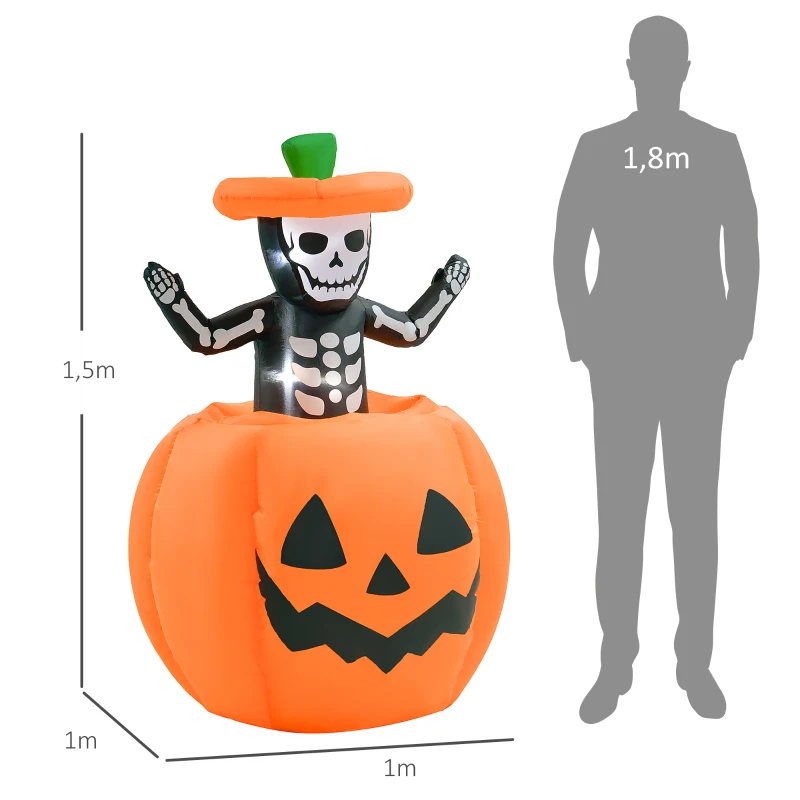 Outsunny Halloweendeko, Skelettgespenst im Kürbis, aufblasbar, LEDs, für Innen & Außen, 100x100x150 cm