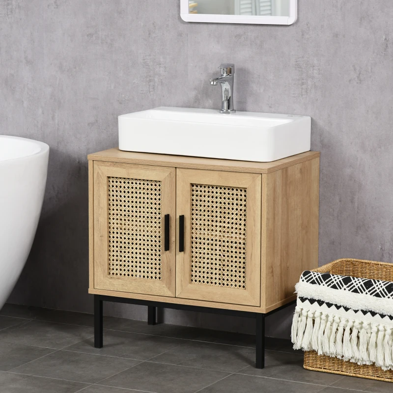 kleankin Badezimmerunterschrank, im Boho-Design, Badezimmerschrank, Rattan-Elemente, mit U-Ausschnitt, Natur