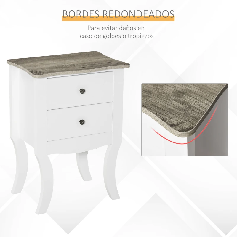 HOMCOM Mesilla de Noche Cajonera con 2 Cajones de Almacenaje Base Elevada para Dormitorio Salón Estilo Nórdico y Vintage 46,5x32x64,5 cm Blanco